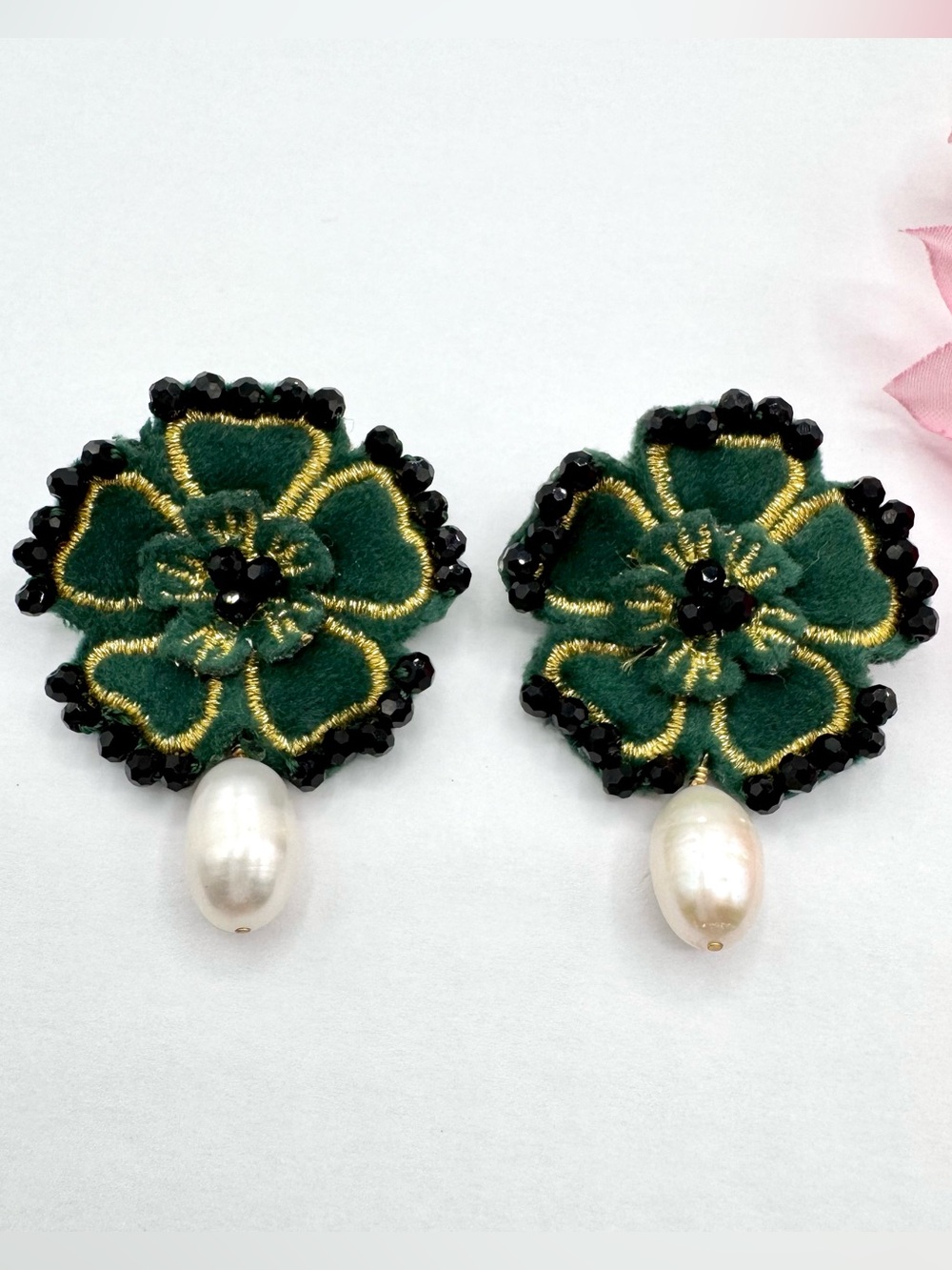 Hunter Green Embroidered Velvet Flower Earrings Pearl Drop Beaded Edges Large
